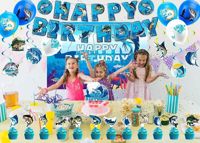 Alt view image 14 of 14 - Gone Fishing Birthday Party Decorations Fishing Party Supplies Includes Gone Fishing Birthday Banner Hanging Swirls Background Cake Topper Cupcake Toppers Balloons for Fishing Party Decorations
