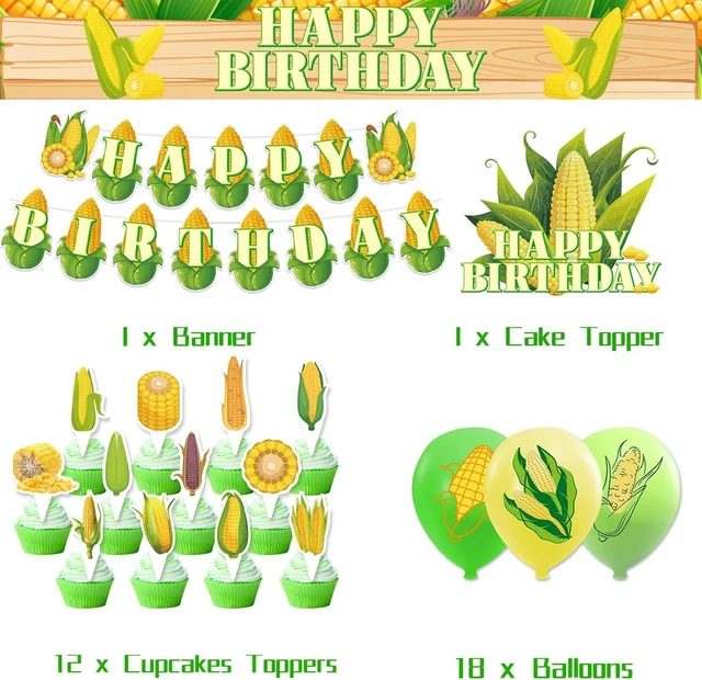 Alt view image 9 of 14 - Corn Party Decorations Vegetable Party Supplies Includes Happy Birthday Banner Cake Topper Cupcake Toppers Balloons for Birthday Baby Shower Wedding Vegetable Party Decorations