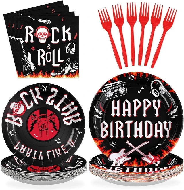 Alt view image 8 of 14 - 96 Pcs Rock and Roll Birthday Party Decorations Guitar Music Rock Plates and Napkins Tableware Favors for Men Boys Musical Rock N Roll Birthday Party Baby Shower Party Supplies, Serves 24