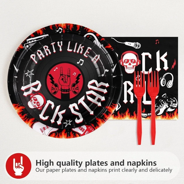 Alt view image 9 of 14 - 96 Pcs Rock and Roll Birthday Party Decorations Guitar Music Rock Plates and Napkins Tableware Favors for Men Boys Musical Rock N Roll Birthday Party Baby Shower Party Supplies, Serves 24