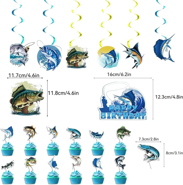Alt view image 12 of 14 - Gone Fishing Birthday Party Decorations Fishing Party Supplies Includes Gone Fishing Birthday Banner Hanging Swirls Background Cake Topper Cupcake Toppers Balloons for Fishing Party Decorations