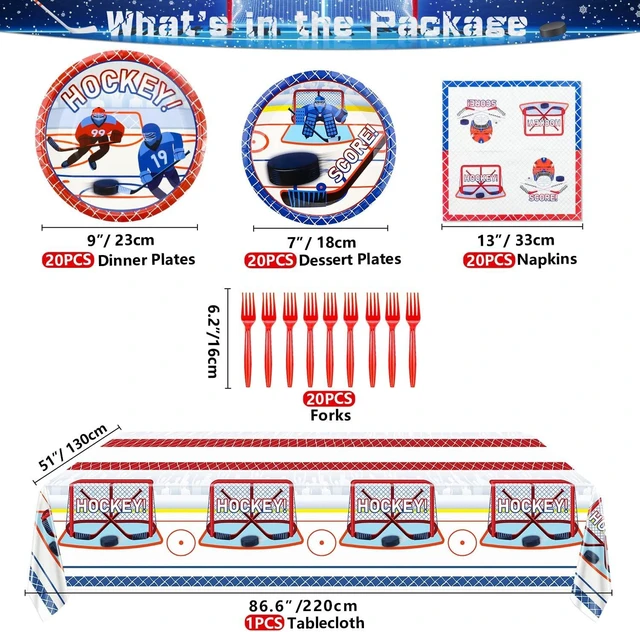 Alt view image 9 of 14 - Hockey Party Supplies Serve 20 - 81Pcs Plates Napkins Tablecloth Forks Set for Kid's Fans Birthday Gameday Hockey Theme Party Decorations