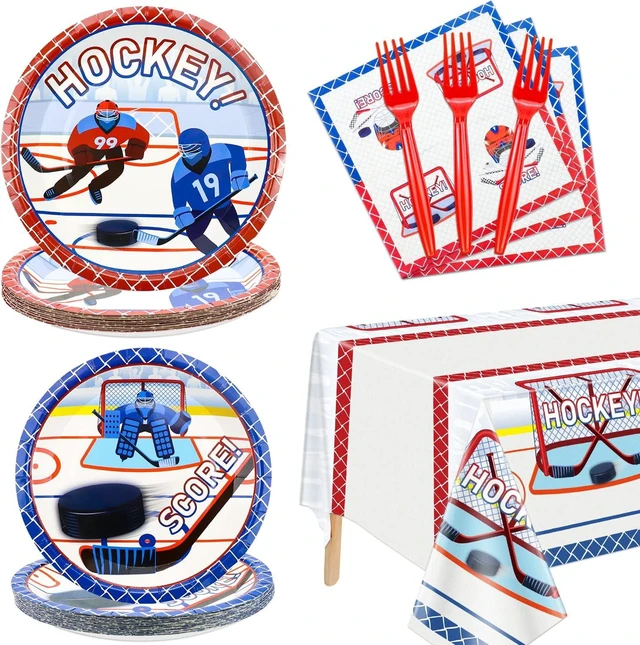 Alt view image 8 of 14 - Hockey Party Supplies Serve 20 - 81Pcs Plates Napkins Tablecloth Forks Set for Kid's Fans Birthday Gameday Hockey Theme Party Decorations