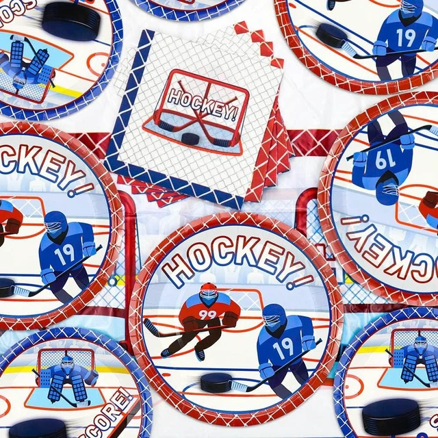Alt view image 11 of 14 - Hockey Party Supplies Serve 20 - 81Pcs Plates Napkins Tablecloth Forks Set for Kid's Fans Birthday Gameday Hockey Theme Party Decorations