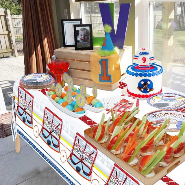 Alt view image 10 of 14 - Hockey Party Supplies Serve 20 - 81Pcs Plates Napkins Tablecloth Forks Set for Kid's Fans Birthday Gameday Hockey Theme Party Decorations