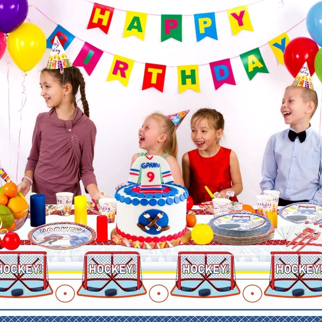 Alt view image 12 of 14 - Hockey Party Supplies Serve 20 - 81Pcs Plates Napkins Tablecloth Forks Set for Kid's Fans Birthday Gameday Hockey Theme Party Decorations