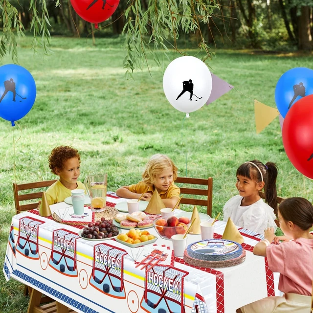 Alt view image 14 of 14 - Hockey Party Supplies Serve 20 - 81Pcs Plates Napkins Tablecloth Forks Set for Kid's Fans Birthday Gameday Hockey Theme Party Decorations