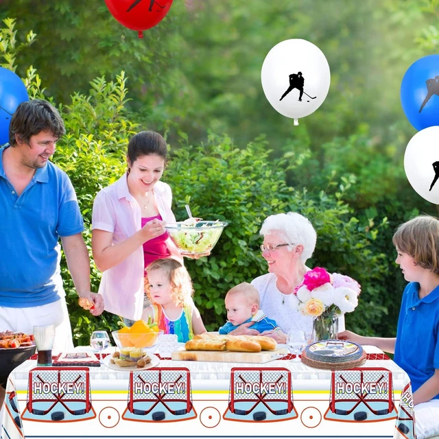 Alt view image 13 of 14 - Hockey Party Supplies Serve 20 - 81Pcs Plates Napkins Tablecloth Forks Set for Kid's Fans Birthday Gameday Hockey Theme Party Decorations