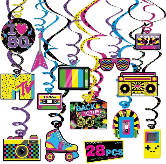 Alt view image 8 of 14 - Bessmoso 28PCS 80s Party Decorations Retro Hanging Swirls & Ceiling Streamers for 1980s Throwback Birthday, Neon Back to The 80s Party Supplies
