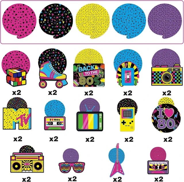 Alt view image 10 of 14 - Bessmoso 28PCS 80s Party Decorations Retro Hanging Swirls & Ceiling Streamers for 1980s Throwback Birthday, Neon Back to The 80s Party Supplies