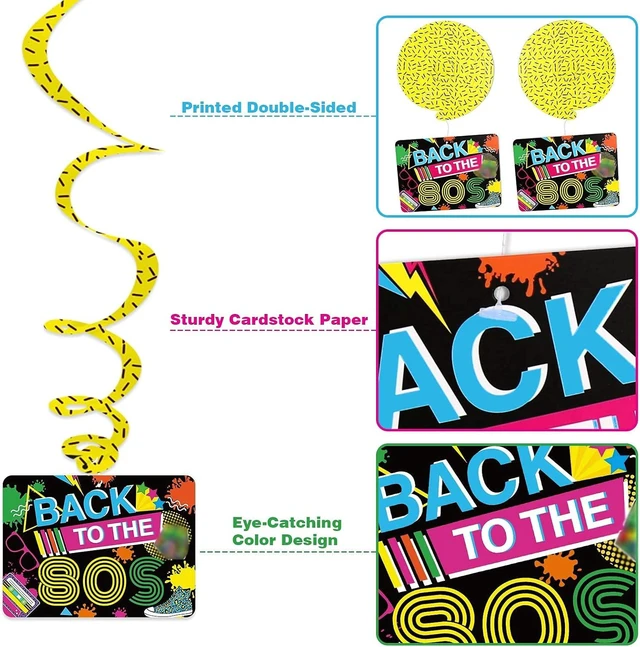 Alt view image 12 of 14 - Bessmoso 28PCS 80s Party Decorations Retro Hanging Swirls & Ceiling Streamers for 1980s Throwback Birthday, Neon Back to The 80s Party Supplies