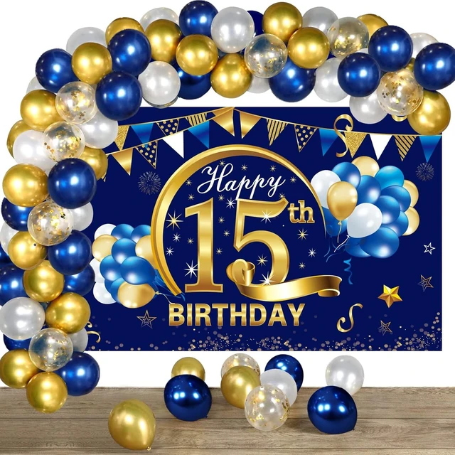 Alt view image 7 of 12 - Blue Gold 15th Birthday Banner with Confetti Balloon Arch, Happy Fifteen Banner Balloons Set Party Supplies for Boys, 15 Year Old Birthday Poster
