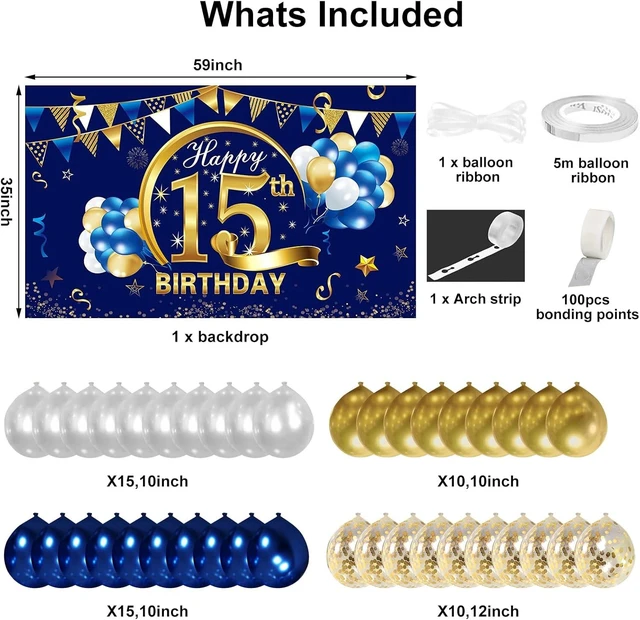Alt view image 8 of 12 - Blue Gold 15th Birthday Banner with Confetti Balloon Arch, Happy Fifteen Banner Balloons Set Party Supplies for Boys, 15 Year Old Birthday Poster
