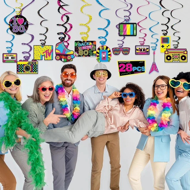 Alt view image 13 of 14 - Bessmoso 28PCS 80s Party Decorations Retro Hanging Swirls & Ceiling Streamers for 1980s Throwback Birthday, Neon Back to The 80s Party Supplies