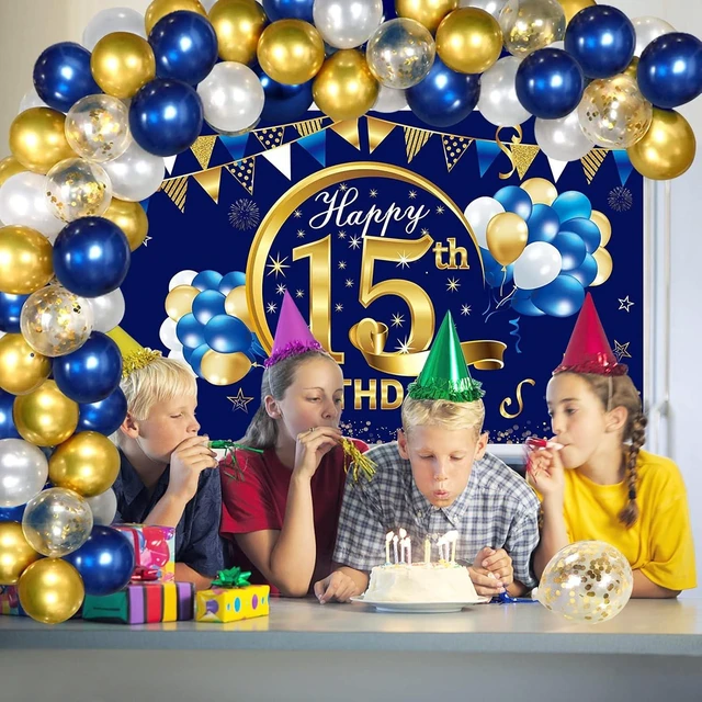 Alt view image 9 of 12 - Blue Gold 15th Birthday Banner with Confetti Balloon Arch, Happy Fifteen Banner Balloons Set Party Supplies for Boys, 15 Year Old Birthday Poster