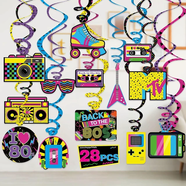 Alt view image 14 of 14 - Bessmoso 28PCS 80s Party Decorations Retro Hanging Swirls & Ceiling Streamers for 1980s Throwback Birthday, Neon Back to The 80s Party Supplies