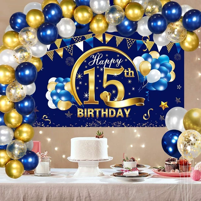 Alt view image 10 of 12 - Blue Gold 15th Birthday Banner with Confetti Balloon Arch, Happy Fifteen Banner Balloons Set Party Supplies for Boys, 15 Year Old Birthday Poster