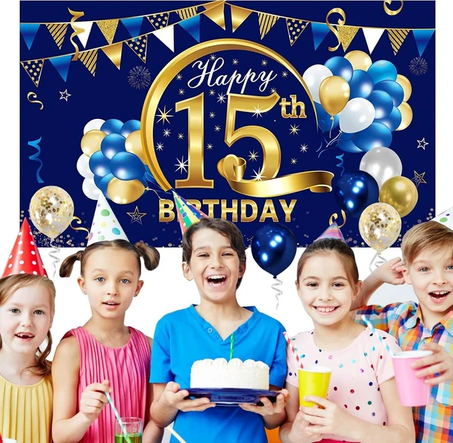 Alt view image 11 of 12 - Blue Gold 15th Birthday Banner with Confetti Balloon Arch, Happy Fifteen Banner Balloons Set Party Supplies for Boys, 15 Year Old Birthday Poster