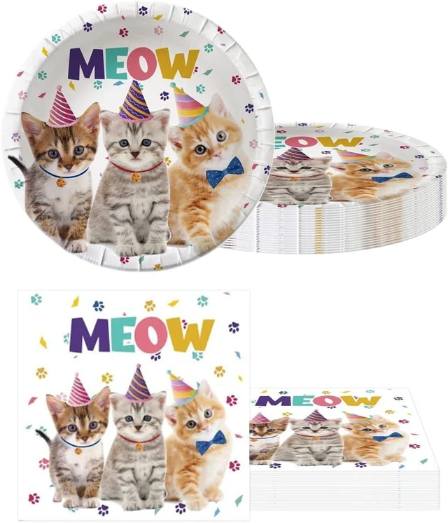 Alt view image 12 of 14 - Cat Party Supplies Tableware ,20 Plates and 20 Napkins and Tablecloth71 '' x 42 '',Kids Cat Birthday Theme Party Decorate Supplies