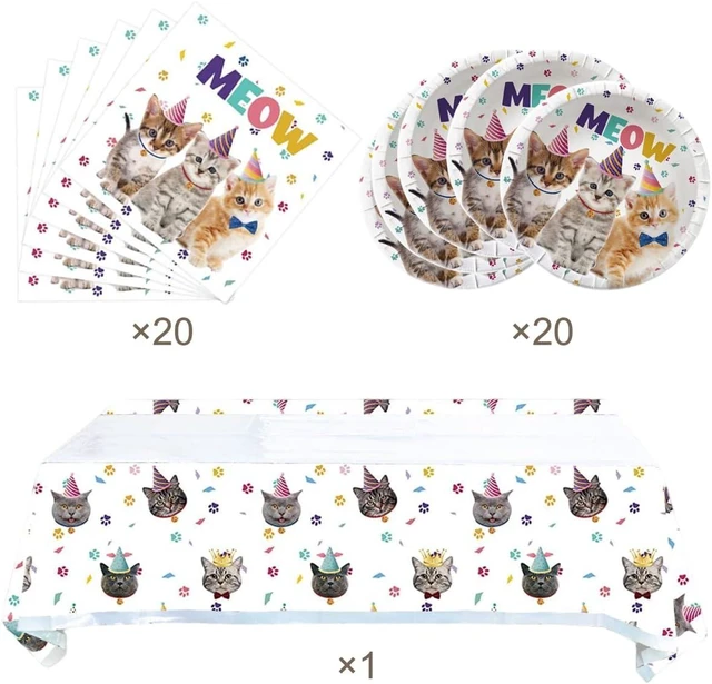 Alt view image 11 of 14 - Cat Party Supplies Tableware ,20 Plates and 20 Napkins and Tablecloth71 '' x 42 '',Kids Cat Birthday Theme Party Decorate Supplies