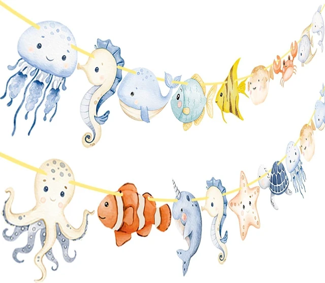 Alt view image 9 of 14 - Ocean Animal Banners 2Pcs Sea Animals Birthday Party Cutout Banners Ocean Theme Party Decorations for Under The Sea Baby Shower Supplies
