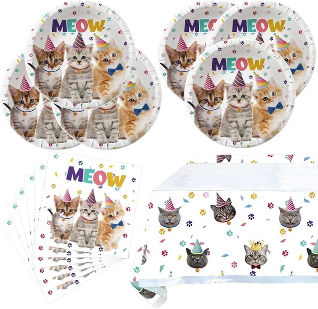 Alt view image 8 of 14 - Cat Party Supplies Tableware ,20 Plates and 20 Napkins and Tablecloth71 '' x 42 '',Kids Cat Birthday Theme Party Decorate Supplies