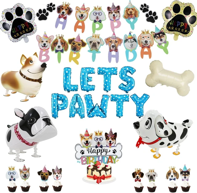 Alt view image 8 of 14 - Lets Pawty Dog Birthday Party Decorations Boy Girl, Pawty Puppy Themed Happy Birthday Banner, Dog & Paw Print Balloons, Cake Toppers (Blue)