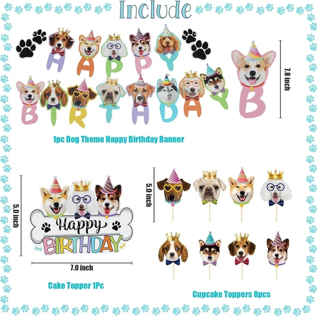 Alt view image 9 of 14 - Lets Pawty Dog Birthday Party Decorations Boy Girl, Pawty Puppy Themed Happy Birthday Banner, Dog & Paw Print Balloons, Cake Toppers (Blue)