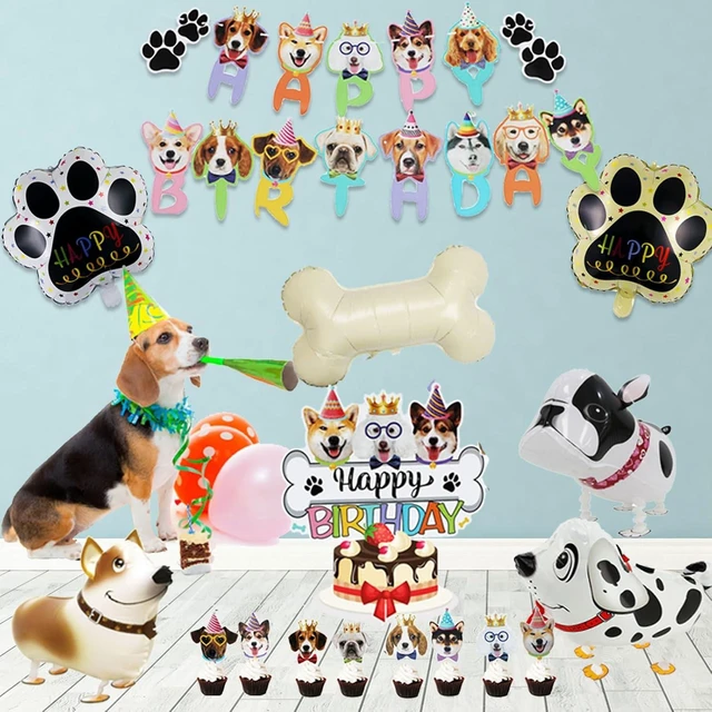 Alt view image 12 of 14 - Lets Pawty Dog Birthday Party Decorations Boy Girl, Pawty Puppy Themed Happy Birthday Banner, Dog & Paw Print Balloons, Cake Toppers (Blue)