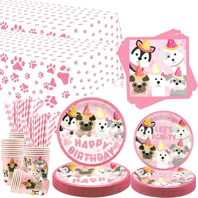 Alt view image 8 of 14 - Dog Party Decorations, Pink Puppy Paw Birthday Party Tableware Supplies including 9" Dinner Plates, 7" Dessert Plates, Napkins, Cups, Straw,Tablecloth for Puppy Party Decorations -Serves 40