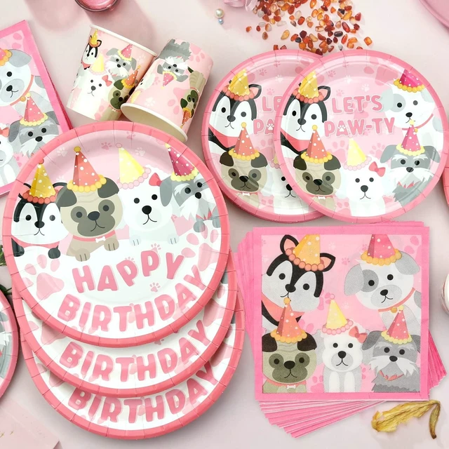 Alt view image 10 of 14 - Dog Party Decorations, Pink Puppy Paw Birthday Party Tableware Supplies including 9" Dinner Plates, 7" Dessert Plates, Napkins, Cups, Straw,Tablecloth for Puppy Party Decorations -Serves 40