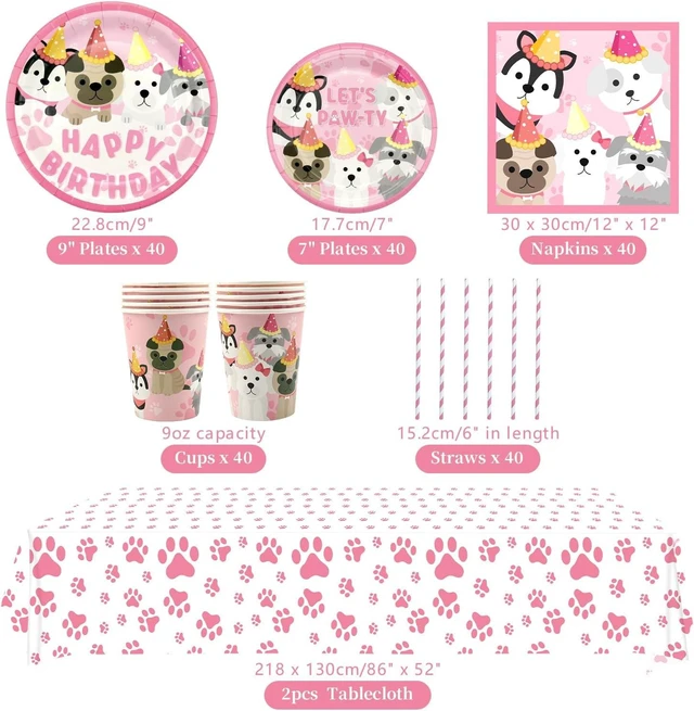 Alt view image 9 of 14 - Dog Party Decorations, Pink Puppy Paw Birthday Party Tableware Supplies including 9" Dinner Plates, 7" Dessert Plates, Napkins, Cups, Straw,Tablecloth for Puppy Party Decorations -Serves 40