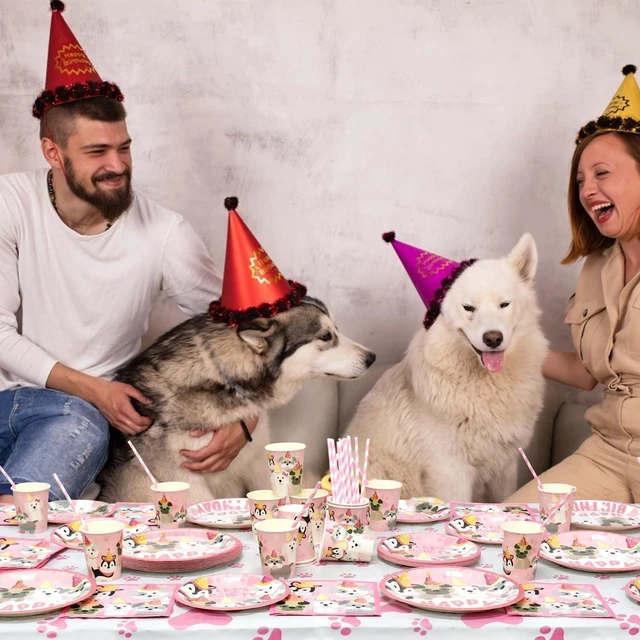 Alt view image 13 of 14 - Dog Party Decorations, Pink Puppy Paw Birthday Party Tableware Supplies including 9" Dinner Plates, 7" Dessert Plates, Napkins, Cups, Straw,Tablecloth for Puppy Party Decorations -Serves 40