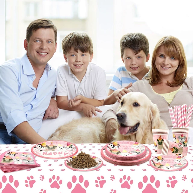 Alt view image 14 of 14 - Dog Party Decorations, Pink Puppy Paw Birthday Party Tableware Supplies including 9" Dinner Plates, 7" Dessert Plates, Napkins, Cups, Straw,Tablecloth for Puppy Party Decorations -Serves 40