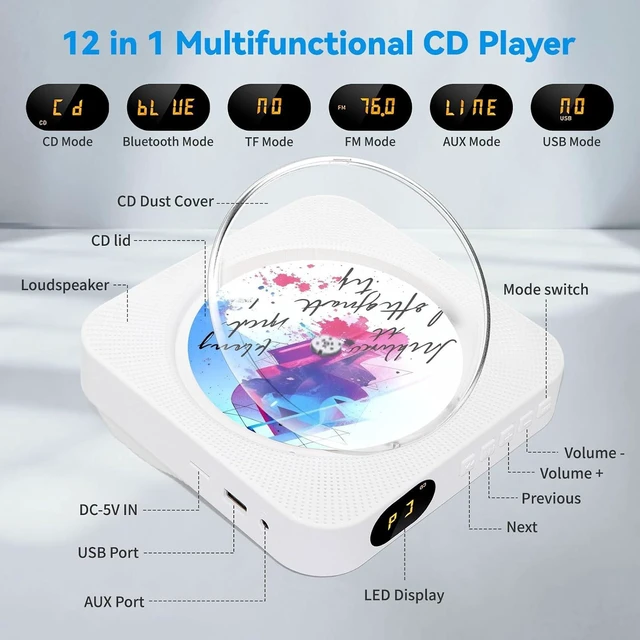 Alt view image 9 of 14 - CD Player Portable, Bluetooth CD Players for Home with Remote Control HiFi Stereo LED Display Timer FM Radio AUX/USB/TF Jack, Music CD Player with Speakers Desktop Boombox for Office Gift White