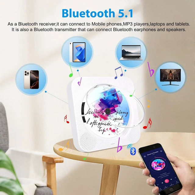 Alt view image 10 of 14 - CD Player Portable, Bluetooth CD Players for Home with Remote Control HiFi Stereo LED Display Timer FM Radio AUX/USB/TF Jack, Music CD Player with Speakers Desktop Boombox for Office Gift White