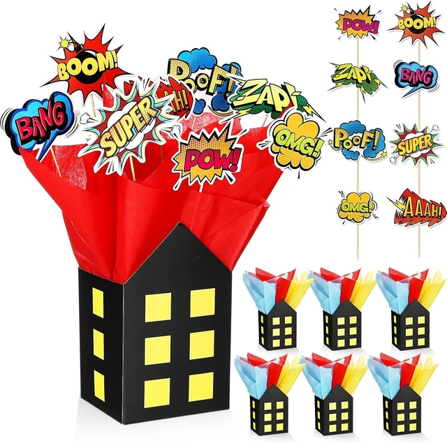 Alt view image 8 of 14 - Soulchen 6 Sets 84 Pcs Hero Themed Party Centerpieces Decorations Hero Action Sign Table Toppers with City Box Circus Sound Effect Cutouts and Sticks for Shower Party Birthday Decor