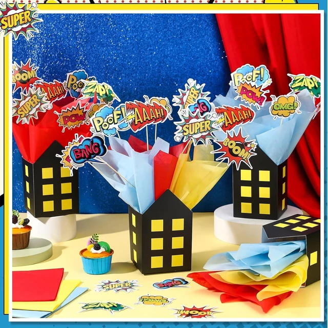 Alt view image 11 of 14 - Soulchen 6 Sets 84 Pcs Hero Themed Party Centerpieces Decorations Hero Action Sign Table Toppers with City Box Circus Sound Effect Cutouts and Sticks for Shower Party Birthday Decor