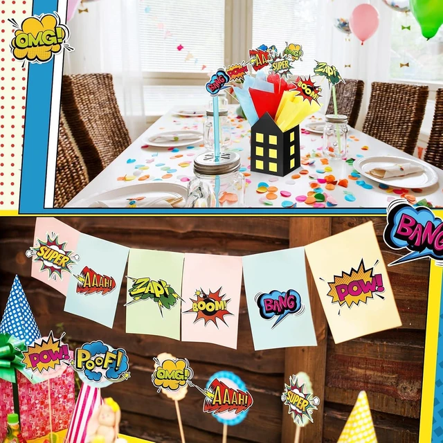 Alt view image 13 of 14 - Soulchen 6 Sets 84 Pcs Hero Themed Party Centerpieces Decorations Hero Action Sign Table Toppers with City Box Circus Sound Effect Cutouts and Sticks for Shower Party Birthday Decor