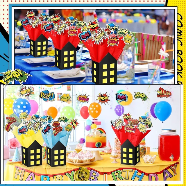 Alt view image 12 of 14 - Soulchen 6 Sets 84 Pcs Hero Themed Party Centerpieces Decorations Hero Action Sign Table Toppers with City Box Circus Sound Effect Cutouts and Sticks for Shower Party Birthday Decor