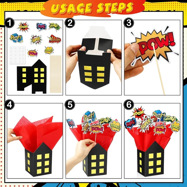 Alt view image 10 of 14 - Soulchen 6 Sets 84 Pcs Hero Themed Party Centerpieces Decorations Hero Action Sign Table Toppers with City Box Circus Sound Effect Cutouts and Sticks for Shower Party Birthday Decor