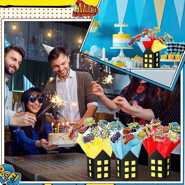 Alt view image 14 of 14 - Soulchen 6 Sets 84 Pcs Hero Themed Party Centerpieces Decorations Hero Action Sign Table Toppers with City Box Circus Sound Effect Cutouts and Sticks for Shower Party Birthday Decor