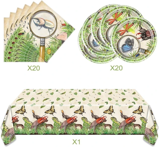 Alt view image 10 of 14 - OULUN Bug Party Decorations Tableware, 20 Plates and 20 Napkins and Tablecloth86 '' x 51'' Birthday Party Decorations