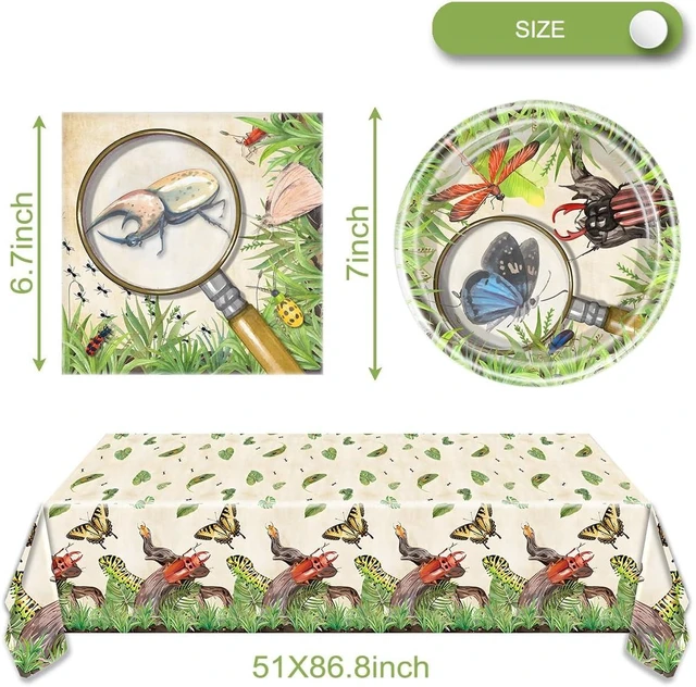 Alt view image 9 of 14 - OULUN Bug Party Decorations Tableware, 20 Plates and 20 Napkins and Tablecloth86 '' x 51'' Birthday Party Decorations