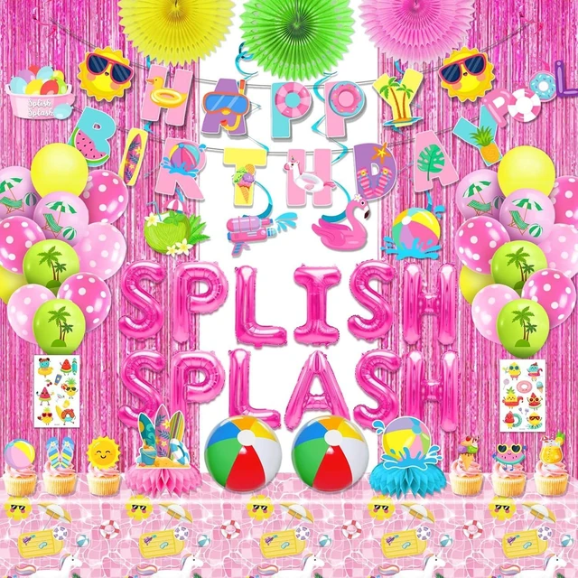 Alt view image 7 of 12 - 59Pcs Splish Splash Birthday Decorations, Pool Birthday Party Decorations Happy Birthday Banner Beach Ball Cake Topper for Kids Swimming Water Luau Tropical Hawaii Beach Birthday Bash Party Supplies