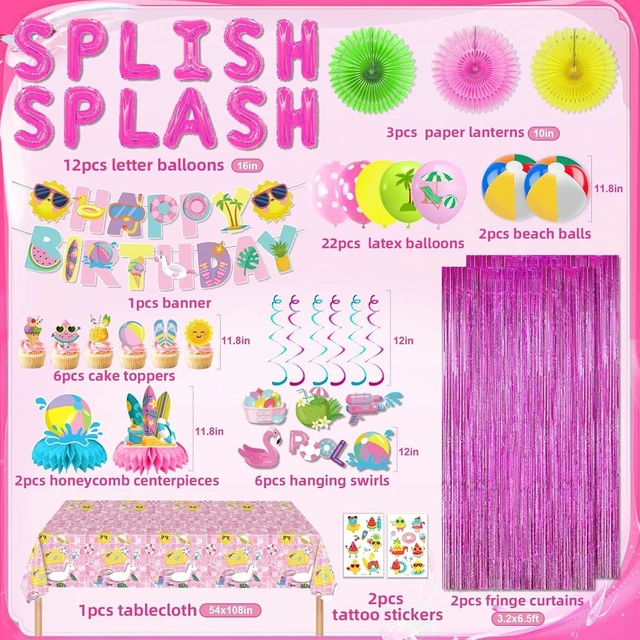 Alt view image 8 of 12 - 59Pcs Splish Splash Birthday Decorations, Pool Birthday Party Decorations Happy Birthday Banner Beach Ball Cake Topper for Kids Swimming Water Luau Tropical Hawaii Beach Birthday Bash Party Supplies