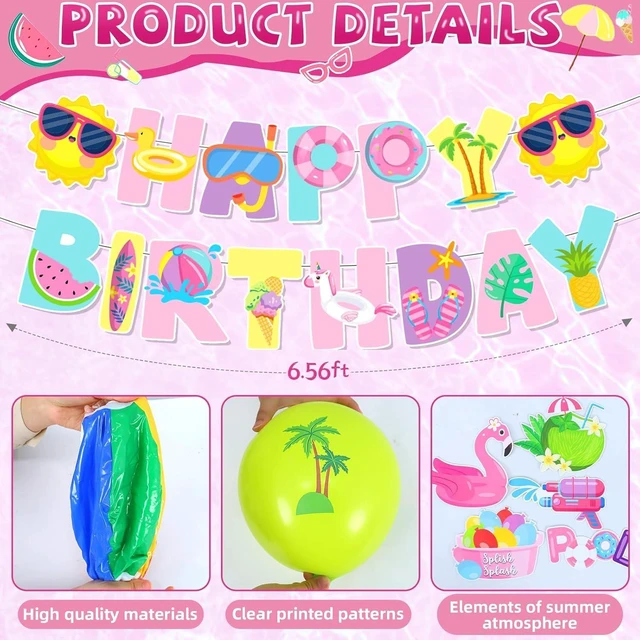Alt view image 10 of 12 - 59Pcs Splish Splash Birthday Decorations, Pool Birthday Party Decorations Happy Birthday Banner Beach Ball Cake Topper for Kids Swimming Water Luau Tropical Hawaii Beach Birthday Bash Party Supplies