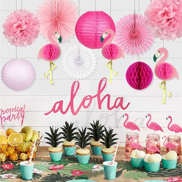 Alt view image 11 of 14 - zilue Tropical Party Decorations Pink Flamingo Party Supplies Pom Poms Flowers Tissue Paper Fan Paper Lanterns for Hawaiian Summer Beach Luau Party