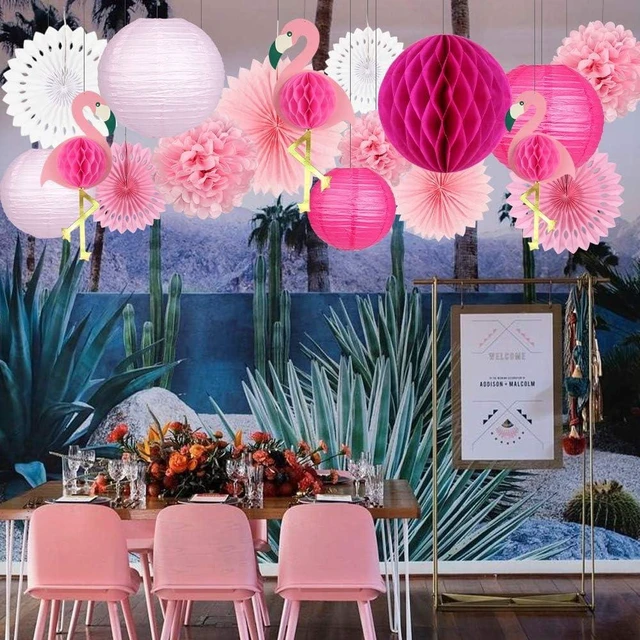 Alt view image 12 of 14 - zilue Tropical Party Decorations Pink Flamingo Party Supplies Pom Poms Flowers Tissue Paper Fan Paper Lanterns for Hawaiian Summer Beach Luau Party