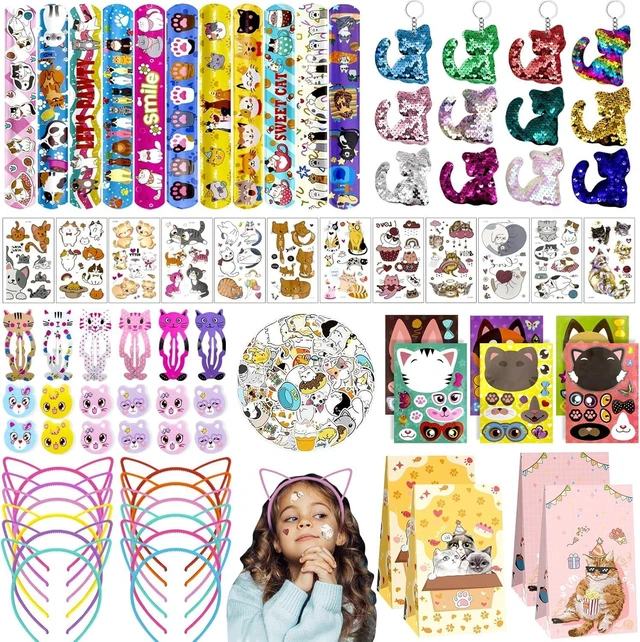 Alt view image 8 of 14 - 158Pcs Cat Party Favors Set with Cat Headband Keychains Tattoo Stickers Erasers Slap Bracelets Hairpin Goodie Bags Cat Party Supplies Cat Birthday Decorations Girl Party Favors